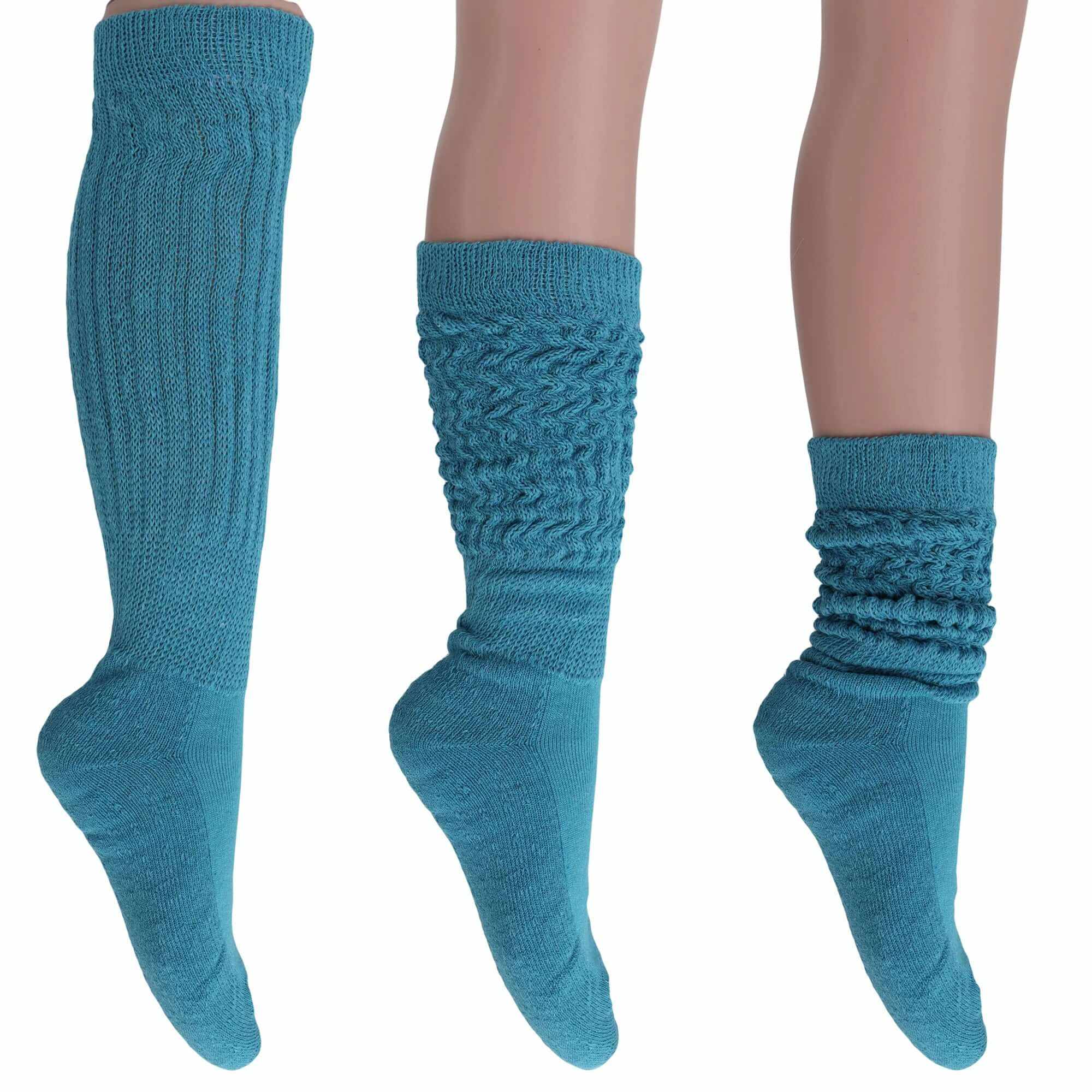 Women’s extra long cotton slouch socks in teal blue shown knee-high, mid-slouch, and fully scrunched down styles