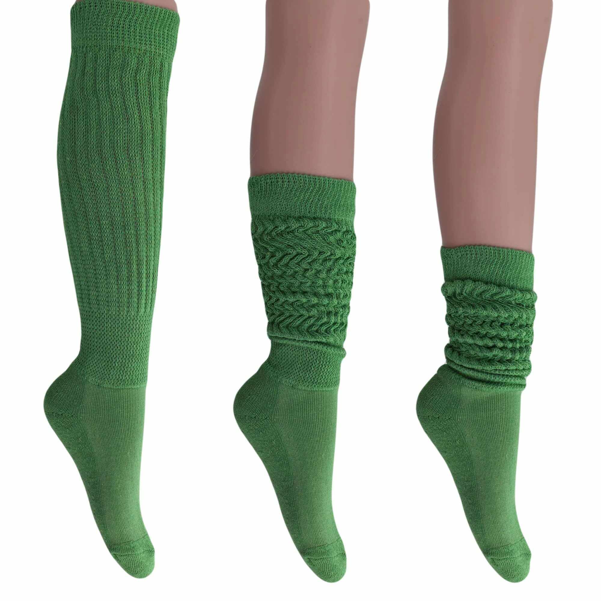 Women's extra long green cotton slouch socks shown knee-high, mid-slouch, and fully scrunched styles