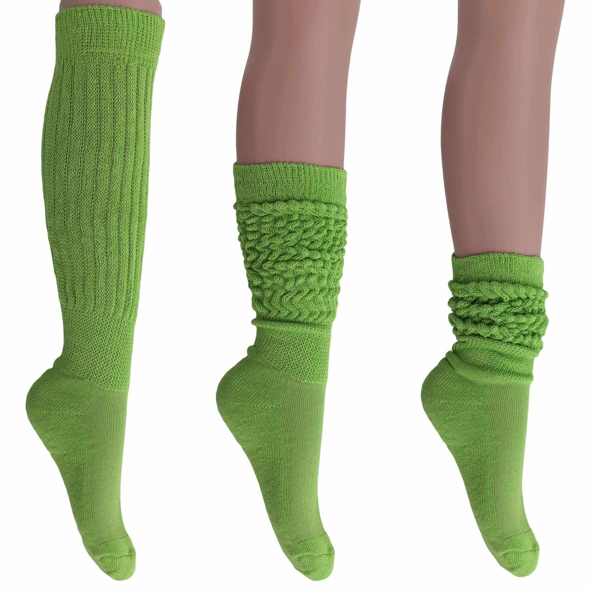 Green women's extra long cotton slouch socks shown knee-high and scrunched down in three different styles
