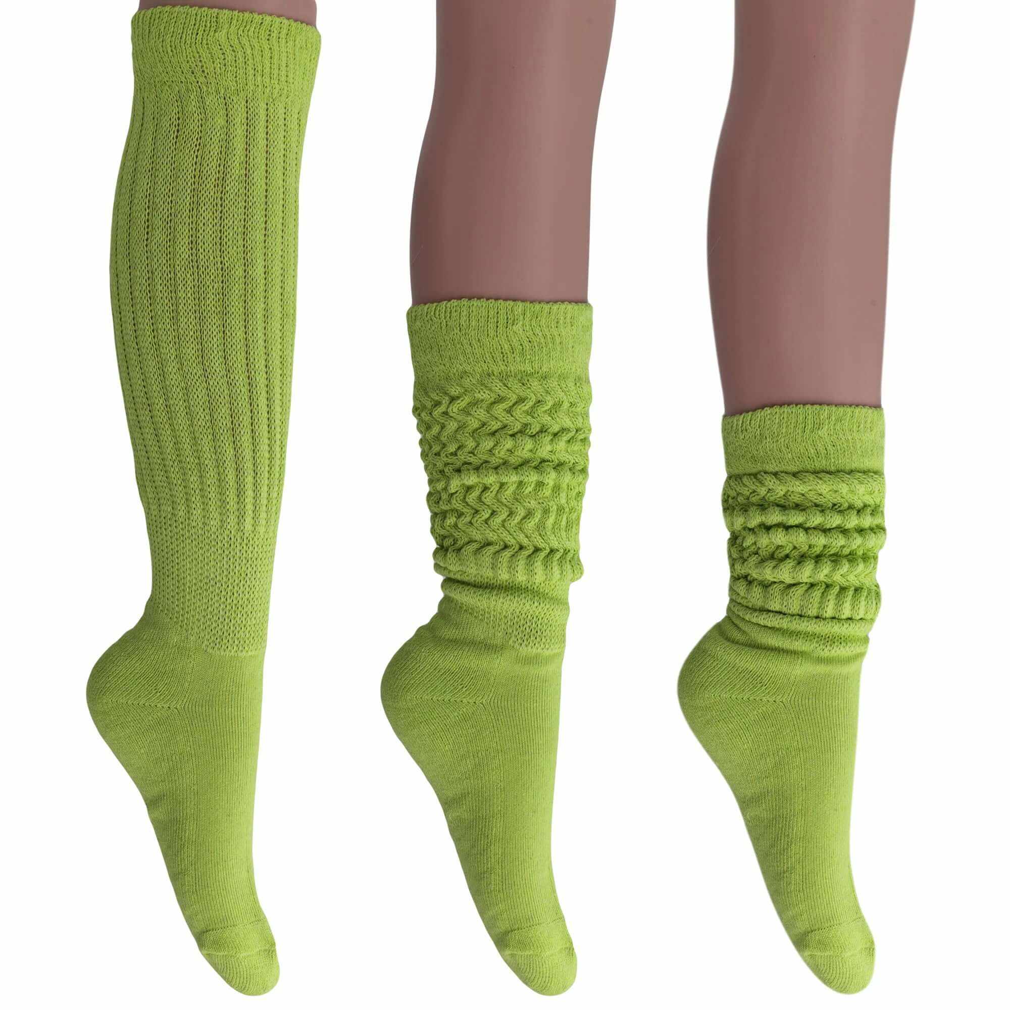 Women’s extra long cotton slouch socks in bright green, shown knee-high and scrunched down styles, soft breathable cotton blend, 3 pairs pack.