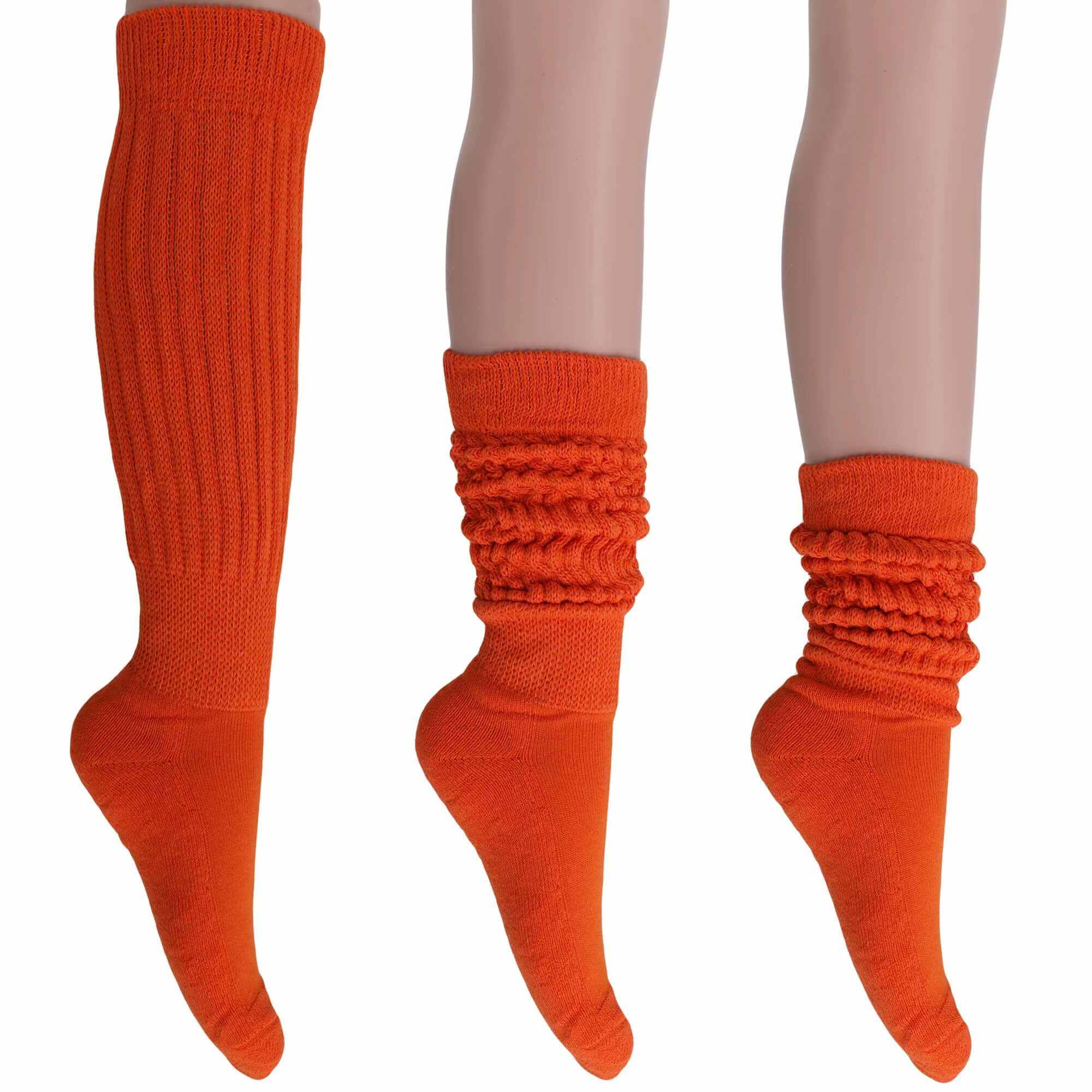 Women’s extra long cotton slouch socks in bright orange, shown knee-high, mid-slouch, and fully scrunched, soft and breathable for casual or retro style.
