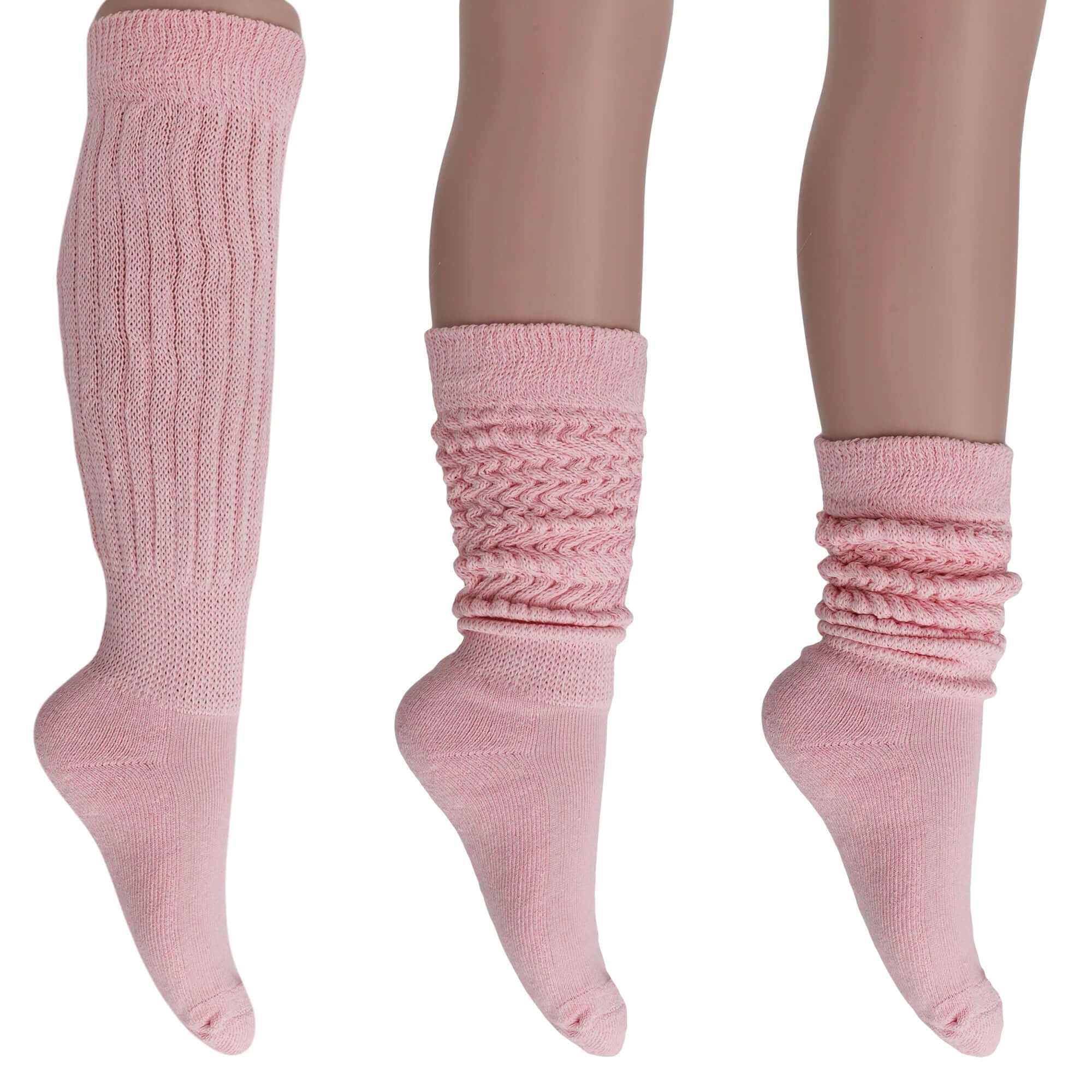 Women’s extra long pink cotton slouch socks shown knee-high and scrunched down in three pairs for versatile wear