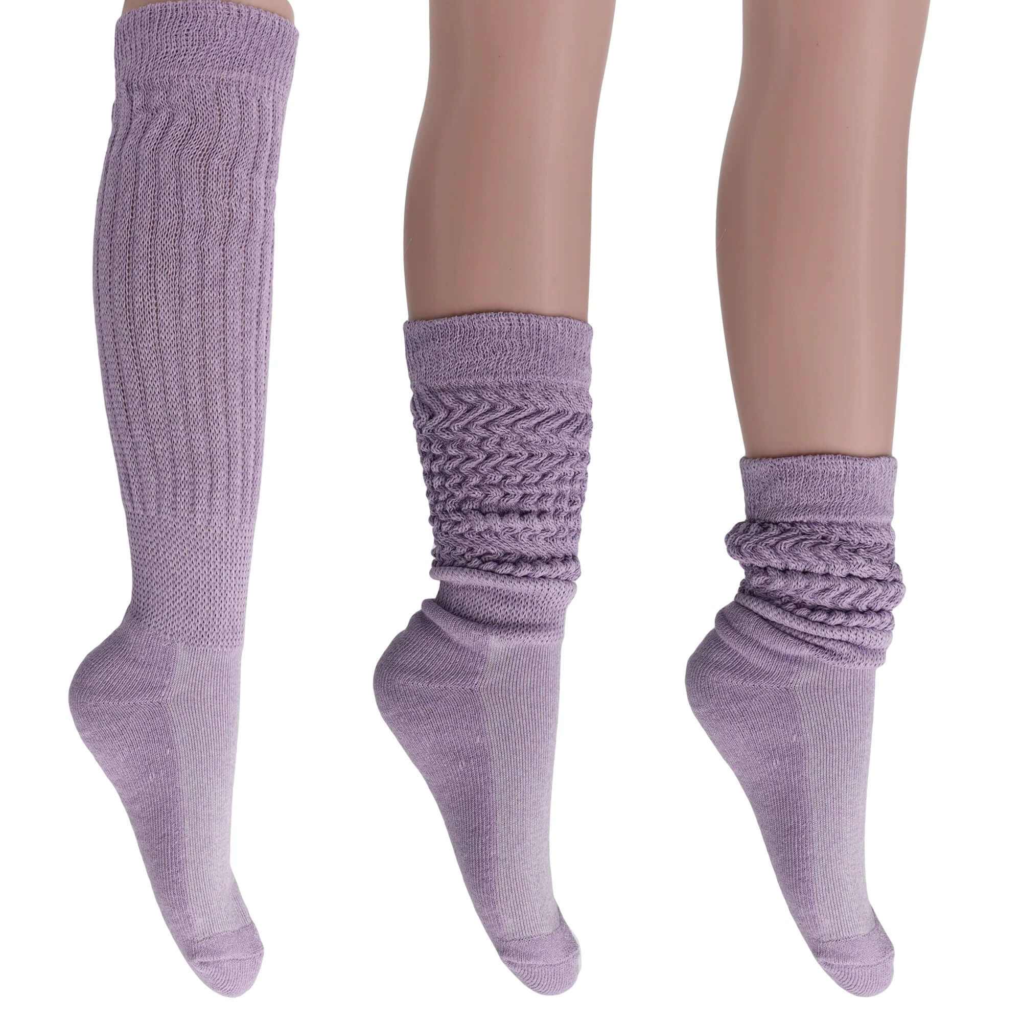 Women’s extra long cotton slouch socks in purple, shown knee-high, scrunched mid-calf, and slouched at ankle, soft breathable blend for comfort and warmth.