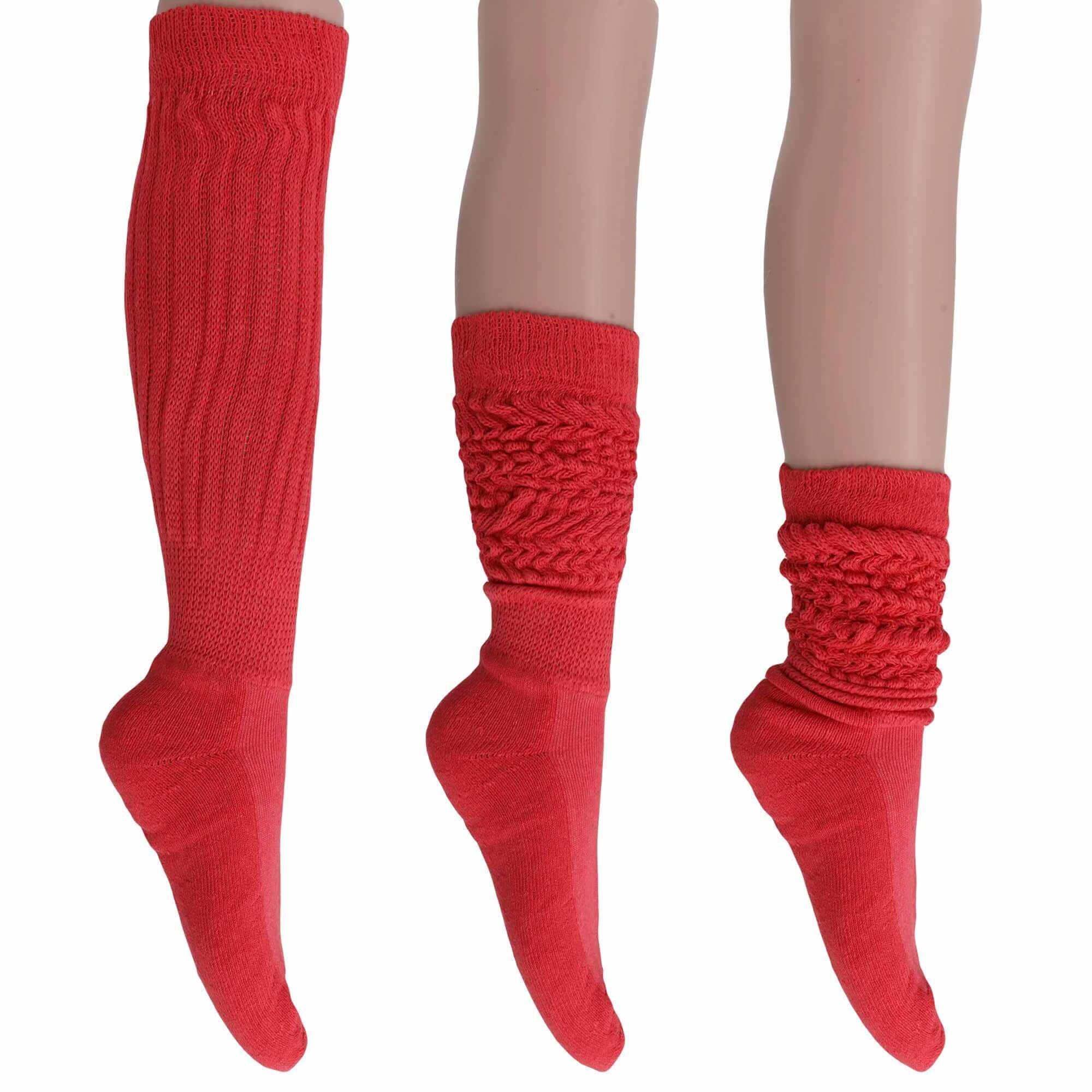 Women's extra long red cotton slouch socks shown knee-high, scrunched mid-calf, and ankle length on mannequin legs