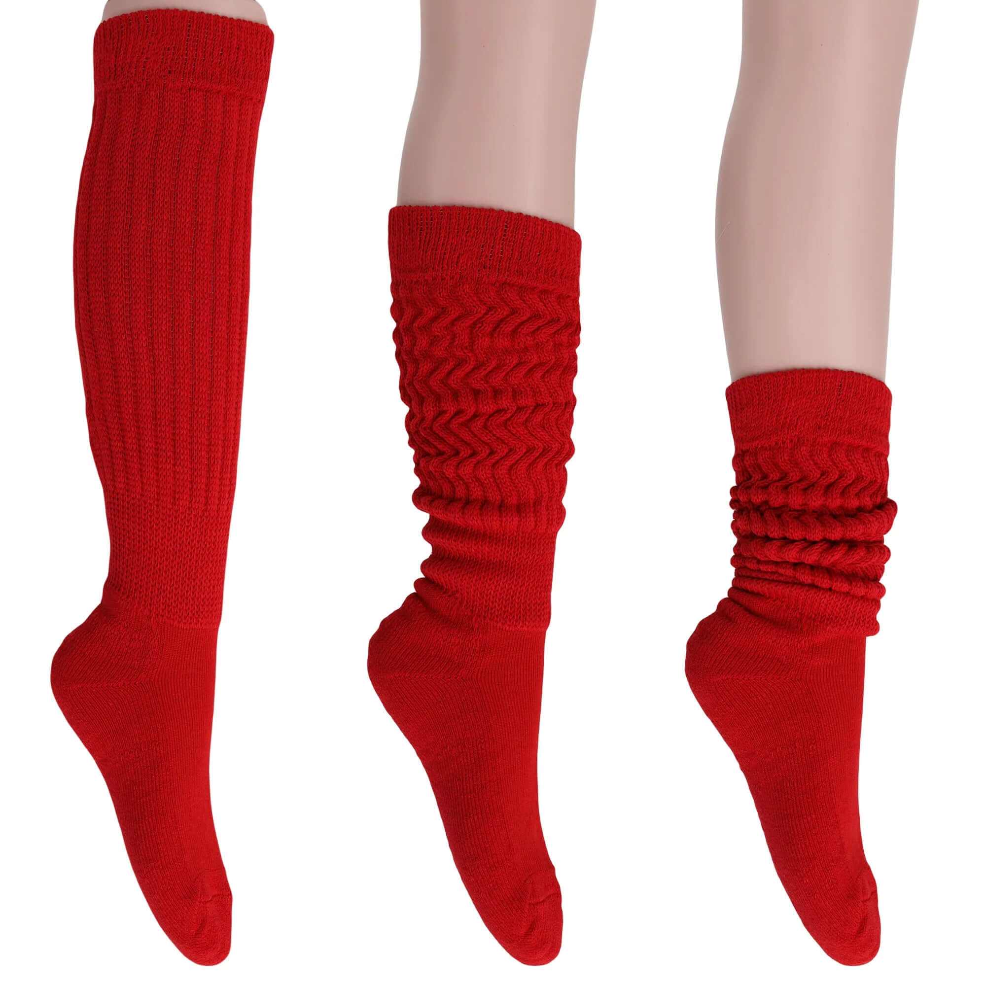 Women’s extra long red cotton slouch socks shown knee-high, mid-slouch, and fully scrunched styles for comfort and retro look