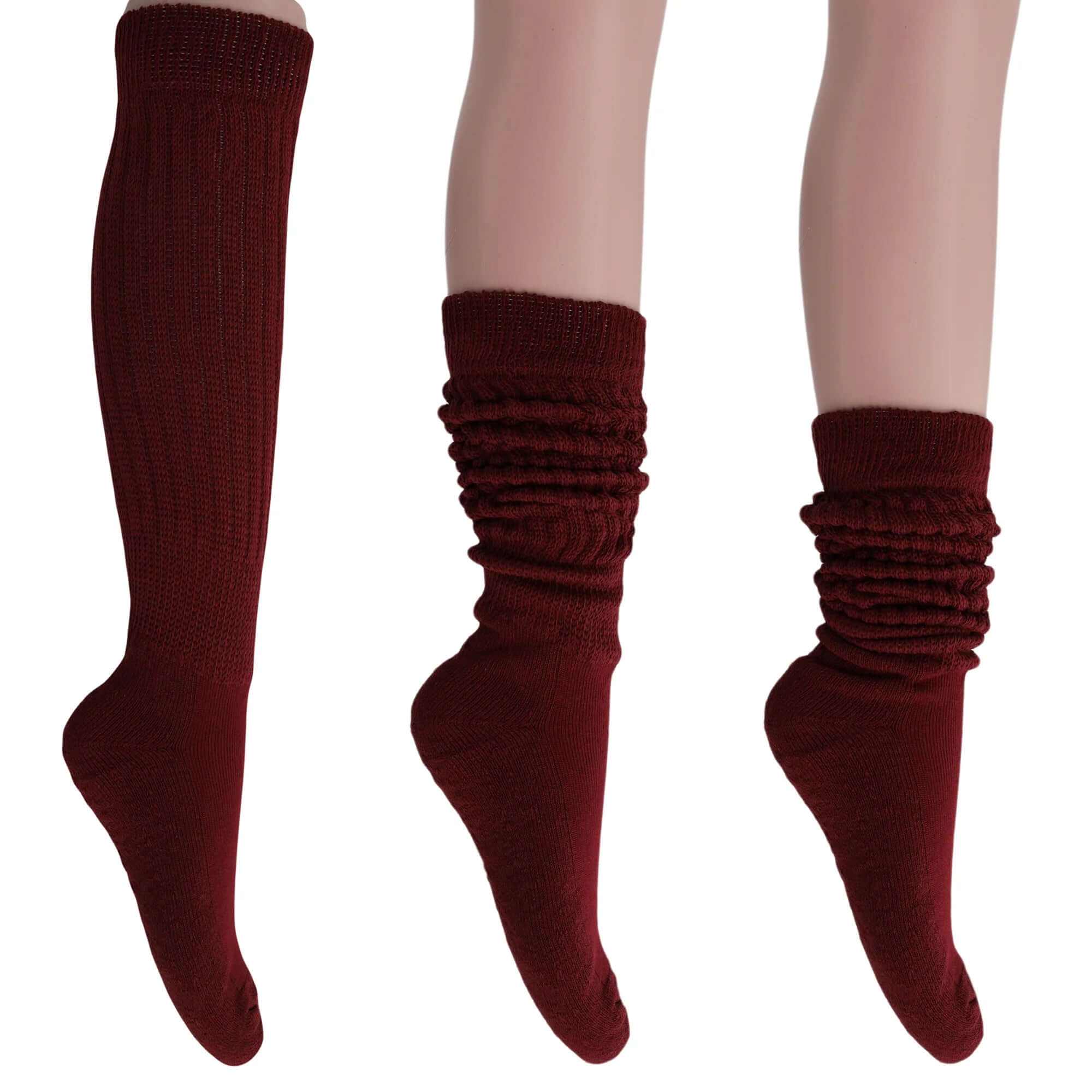 Women’s extra long cotton slouch socks in burgundy shown knee-high and scrunched down, soft breathable fabric, 3 pairs, size 9-11
