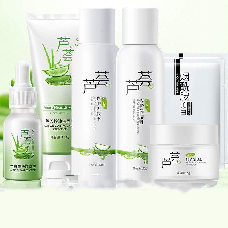 Women's fashion moisturizing aloe vera skincare set with cleanser, toner, cream, and essence bottles