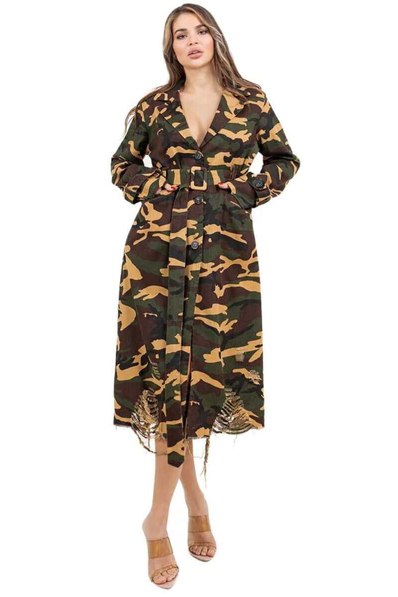 Women’s camouflage long trench coat with self-tie belt and front buttons, perfect for casual fashion.