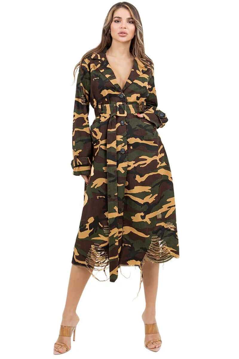 Women’s camouflage long trench coat with side pockets, self-tie belt, and long sleeves, perfect for stylish layering.
