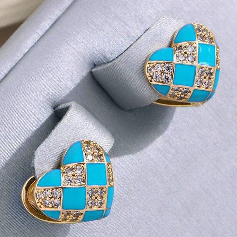 Heart-shaped plaid earrings in gold with blue and crystal accents, copper electroplated stud design