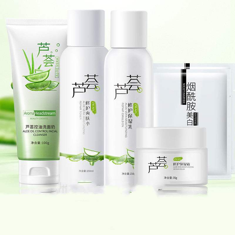 Women's skincare moisturizing set with aloe vera facial cleanser, toner, cream, and masks for hydrating and pore shrinking