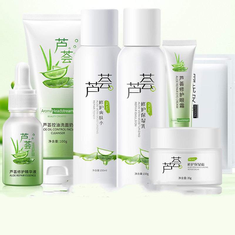 Women's fashion moisturizing aloe vera skincare set with cleanser, cream, toner, essence, and masks