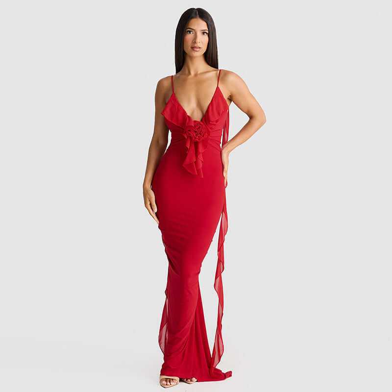 women's clothing fashion red suspenders dress with low waist and ruffle details