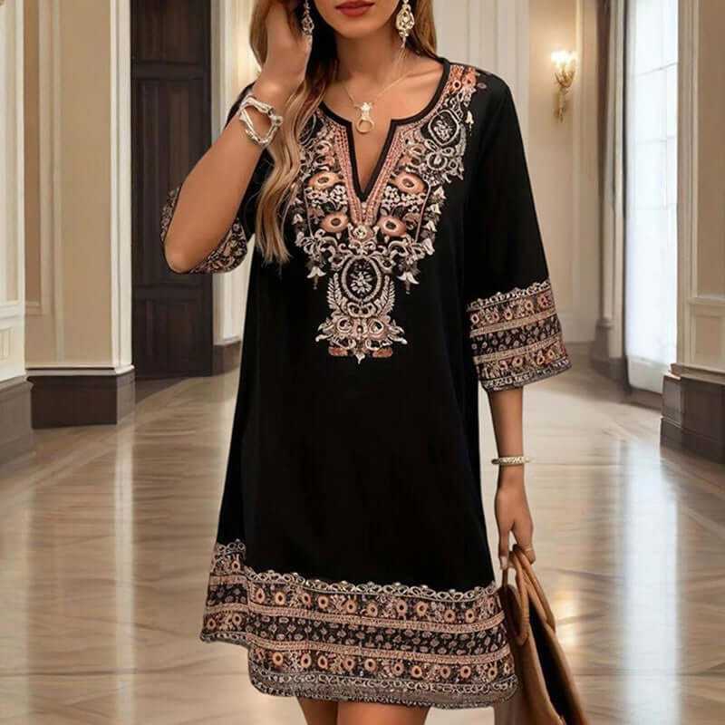 Women's V-neck Middle Eastern style floral print midi dress with elegant sleeves in black