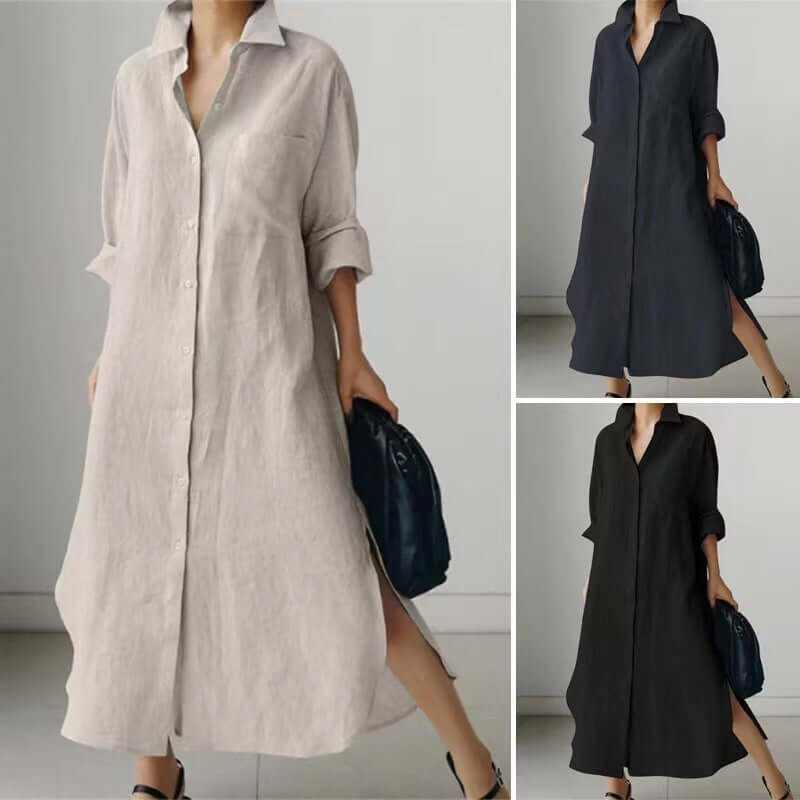 Women's long-sleeved cardigan dress in solid gray and black colors with stylish slit design.
