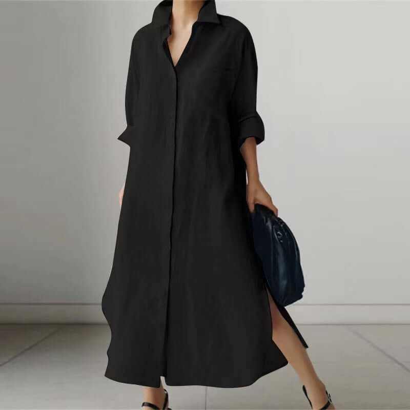 Women's black long-sleeved slit shirt dress, stylish and comfortable, perfect for commuting.