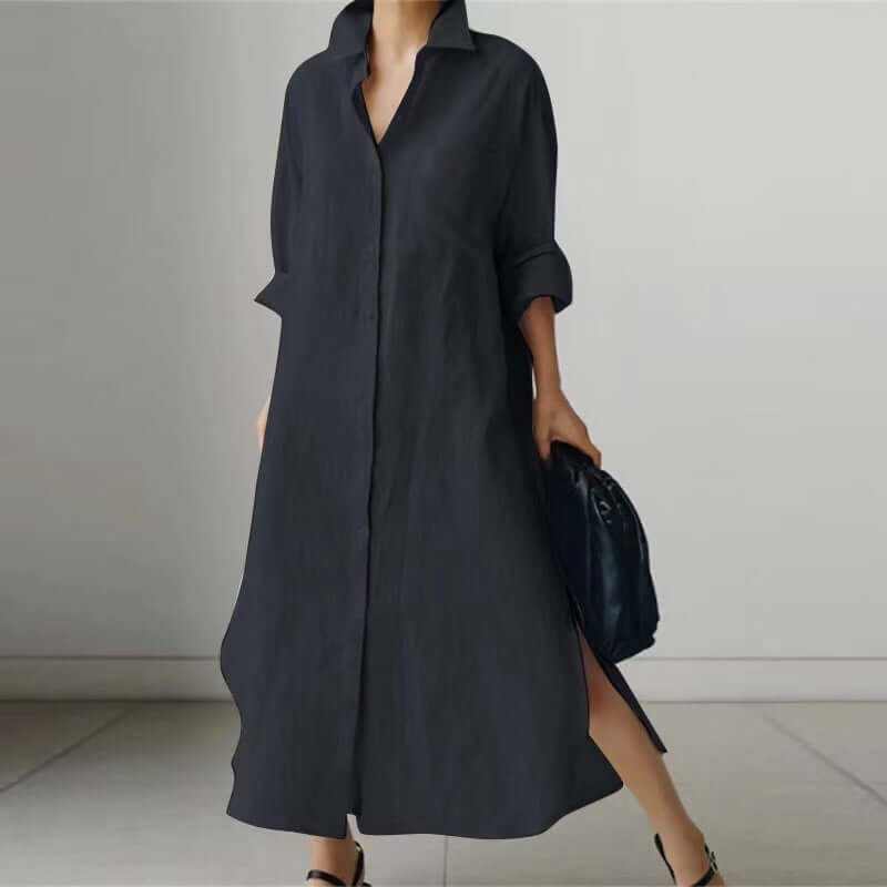 Women's solid black slit shirt dress, stylish long-sleeved cardigan design for comfortable wear.
