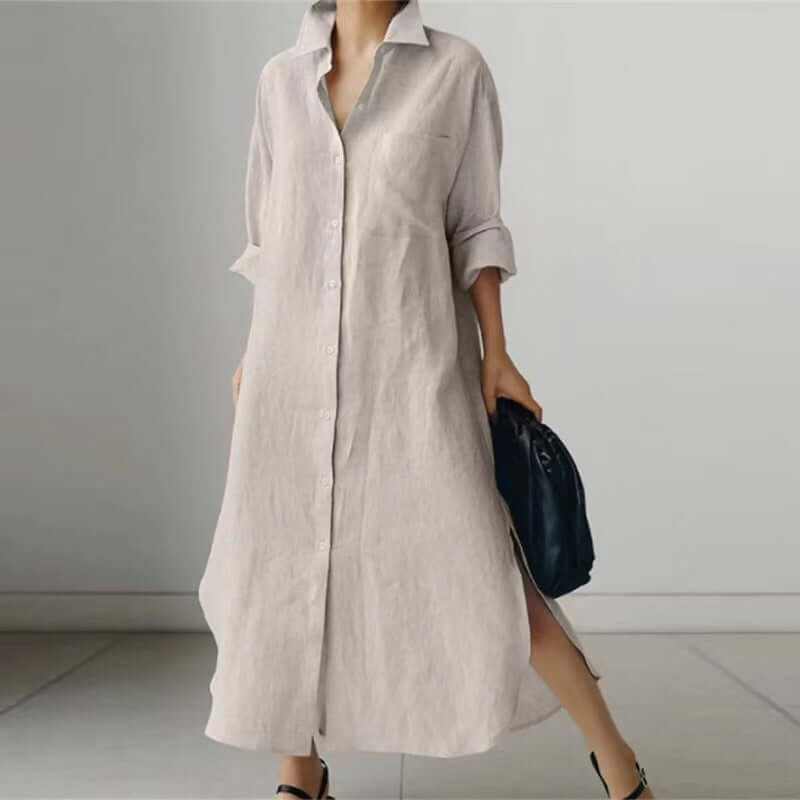 Women's solid color long shirt dress with a collar and side slits, perfect for casual commuting.