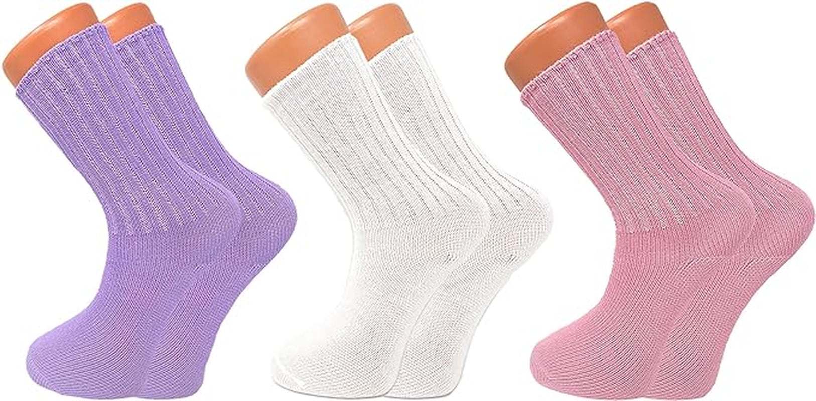 Three pairs of cozy women's loose-fitting crew socks in purple, white, and pink colors displayed on sock mannequins.