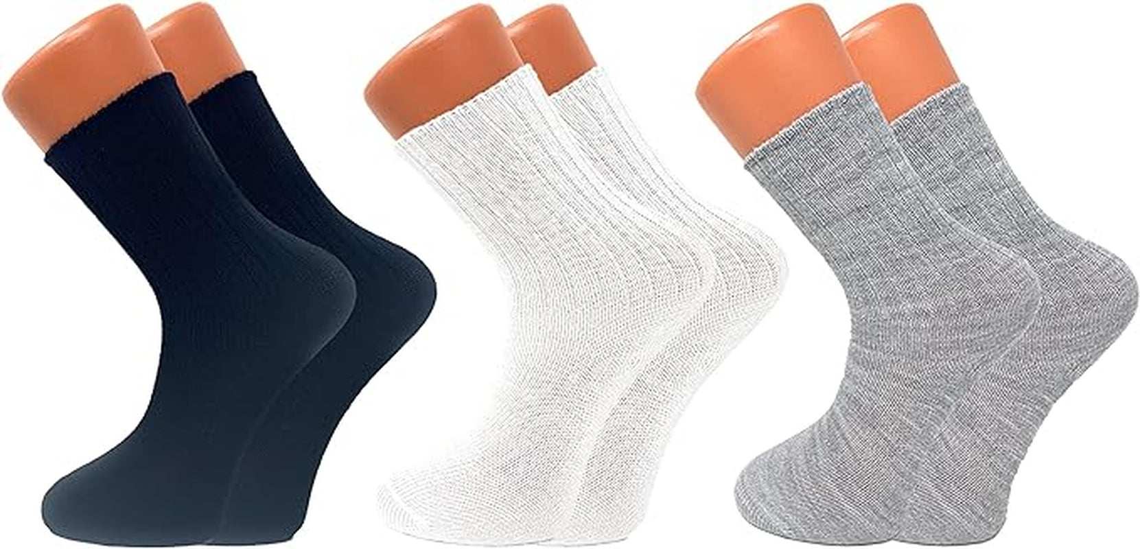 Set of three cozy women's loose-fitting crew socks in black, white, and gray, made from soft acrylic fabric for warmth and comfort.