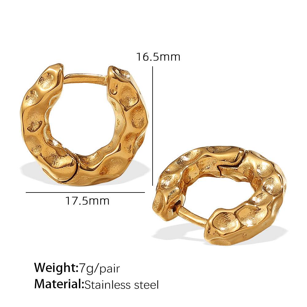 Women’s minimalist retro circle gold stainless steel earrings with hammered texture, 17.5mm width and 16.5mm height