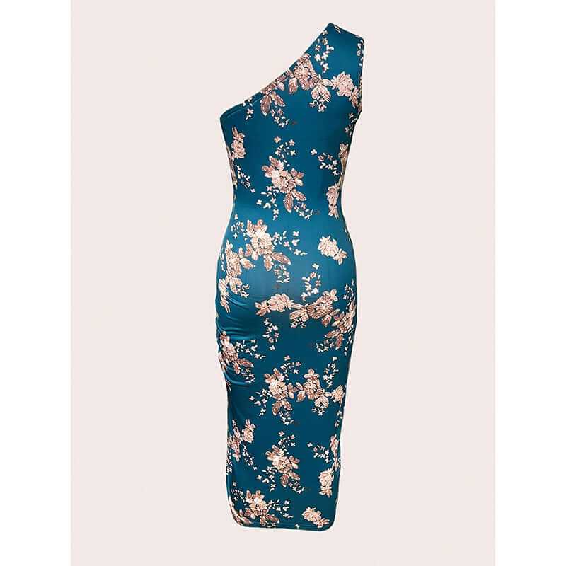 Women's one shoulder floral bodycon dress with ruching and high slit, perfect for summer events.