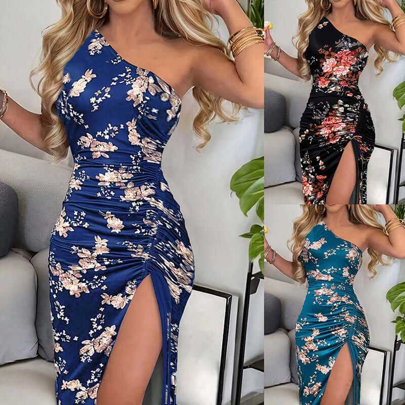 Women's one shoulder bodycon dresses featuring floral patterns and high leg slits, perfect for summer events.