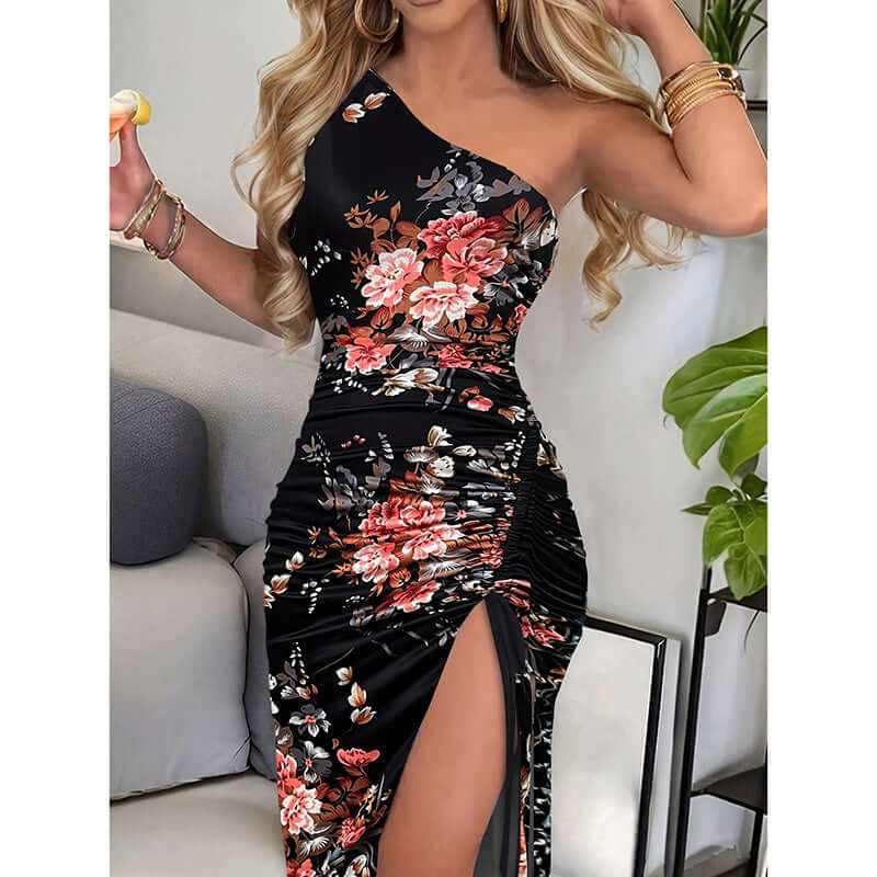 Floral one shoulder bodycon dress with ruched design and high slit, perfect for summer cocktails and weddings.