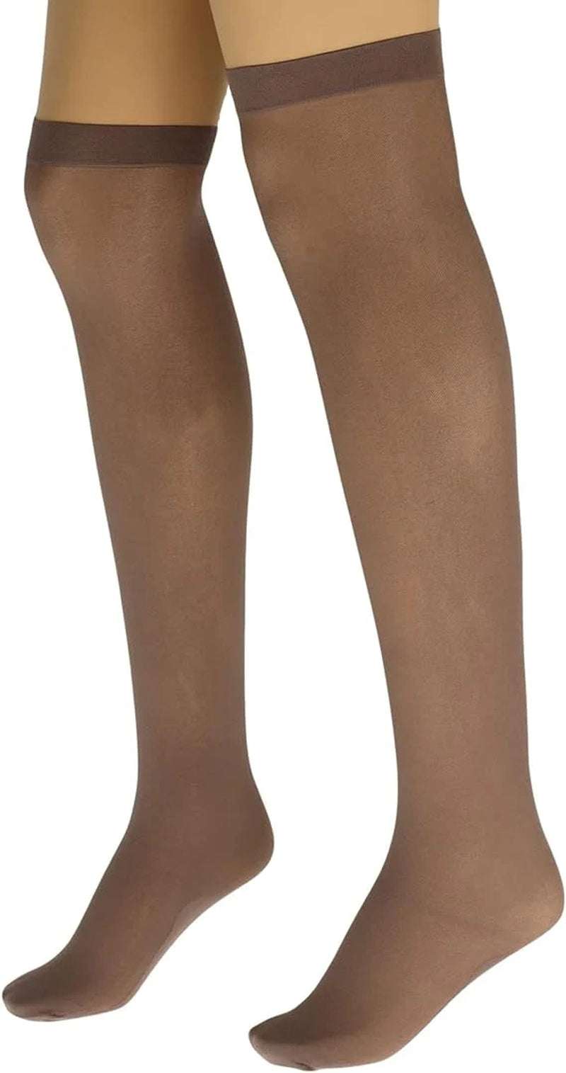 6 pairs of women’s over-the-knee sheer nylon socks in brown with a stretch fit and reinforced base