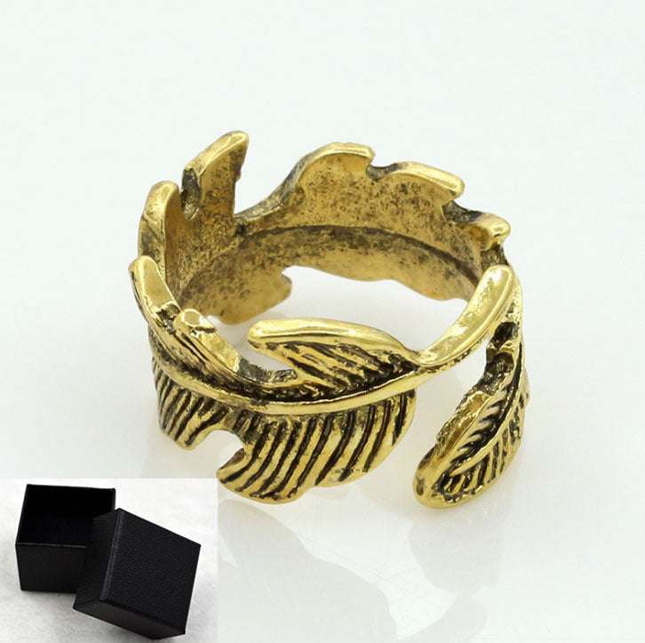 Antique gold plated women's personality leaf style ring with feather design and adjustable band