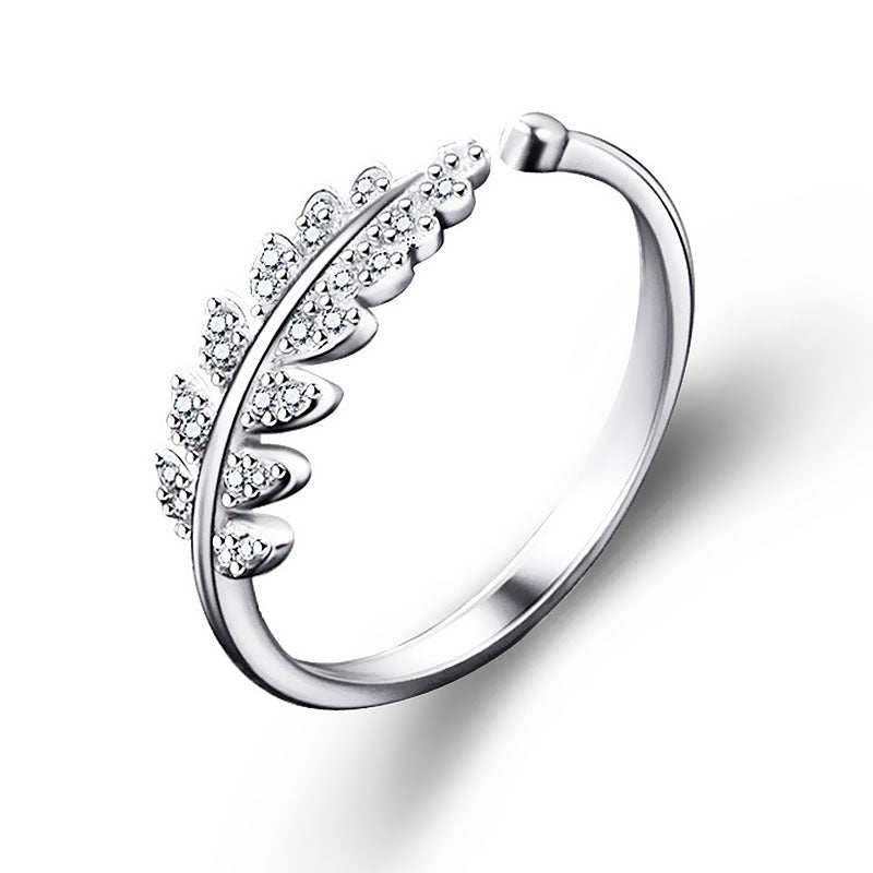 Women’s personality leaf style silver plated ring with rhinestones, adjustable unisex design