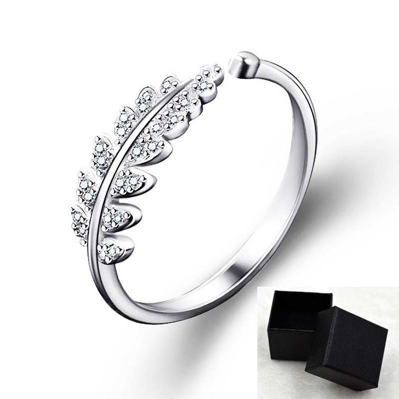 Women’s Personality Leaf Style Ring silver plated with rhinestone accents and black gift box