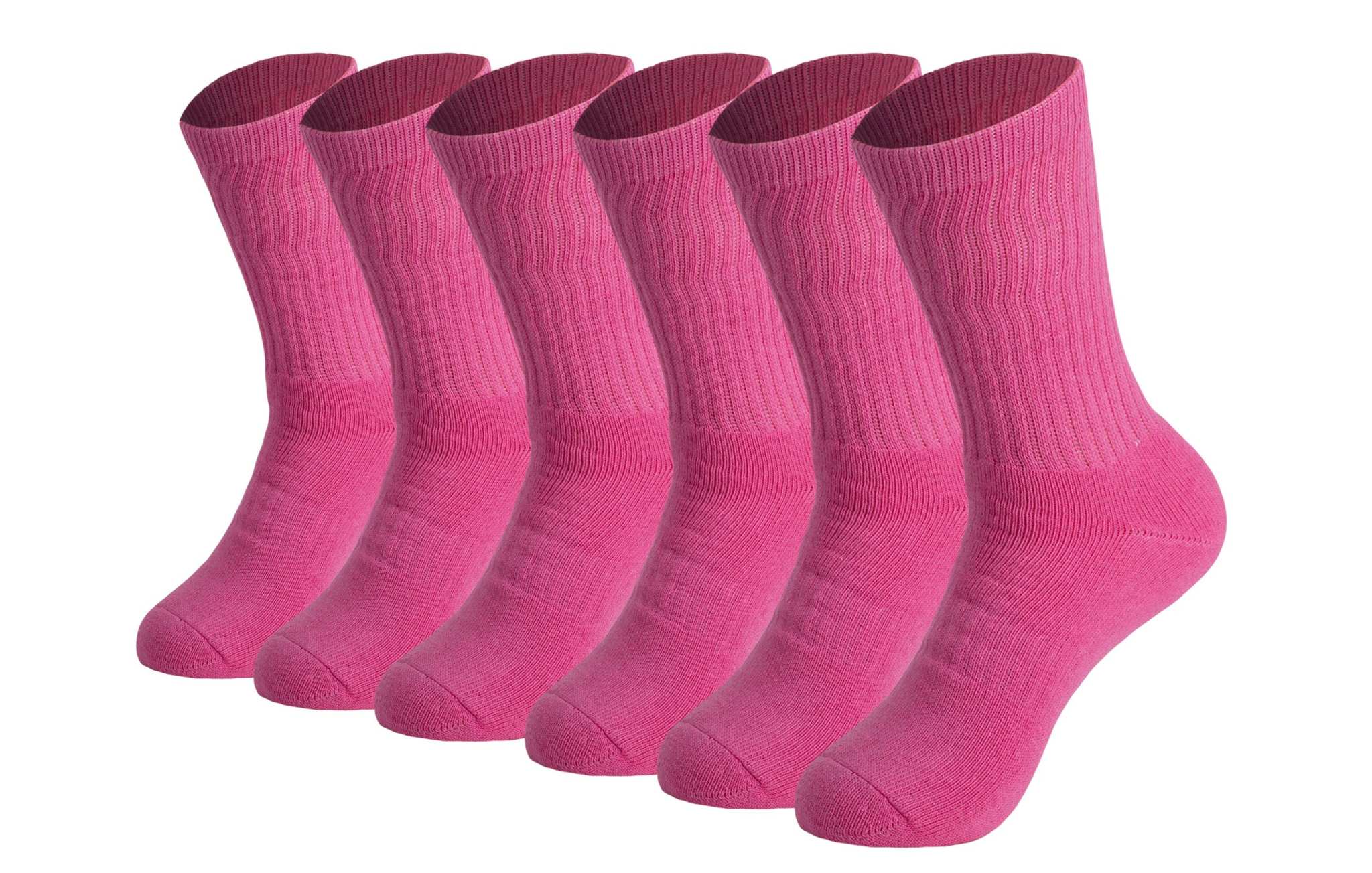 Men's cotton crew socks in bright pink, 6 pairs featuring a cushioned sole and breathable design.