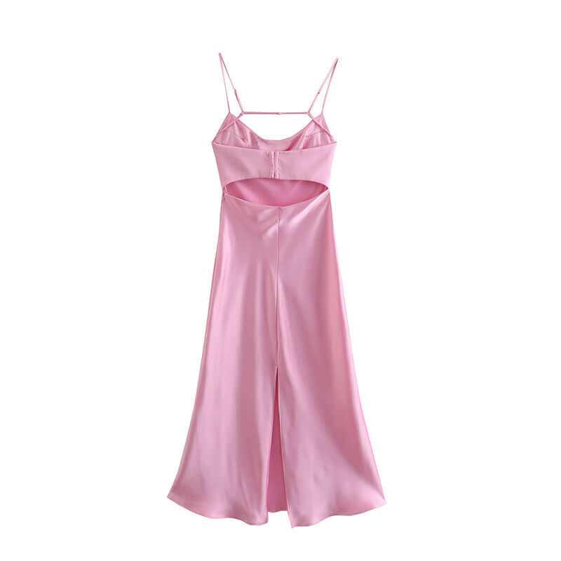 Pink satin long dress with spaghetti straps and backless design, perfect for summer parties.