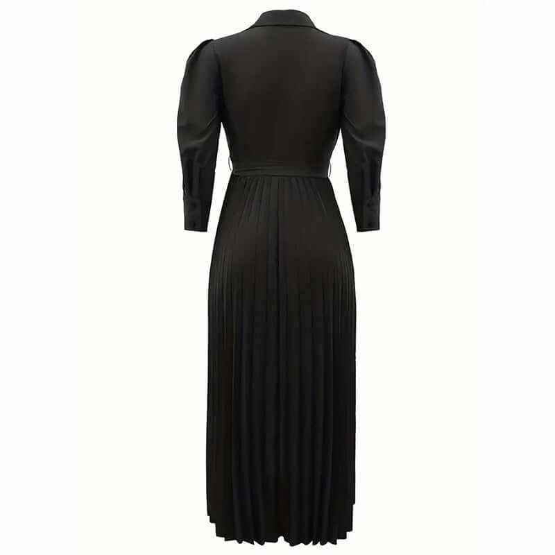 Back view of Women's Pleated Maxi Dress with Tie Waist and Long Sleeves in Solid Black, perfect for casual and formal wear.