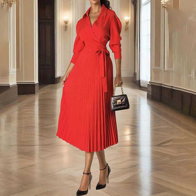 Elegant women's red pleated maxi dress with cross V-neck and tie waist, perfect for formal and casual occasions.