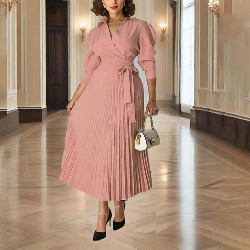 Elegant women's pink cross v-neck pleated maxi dress with tie waist for casual and formal occasions.