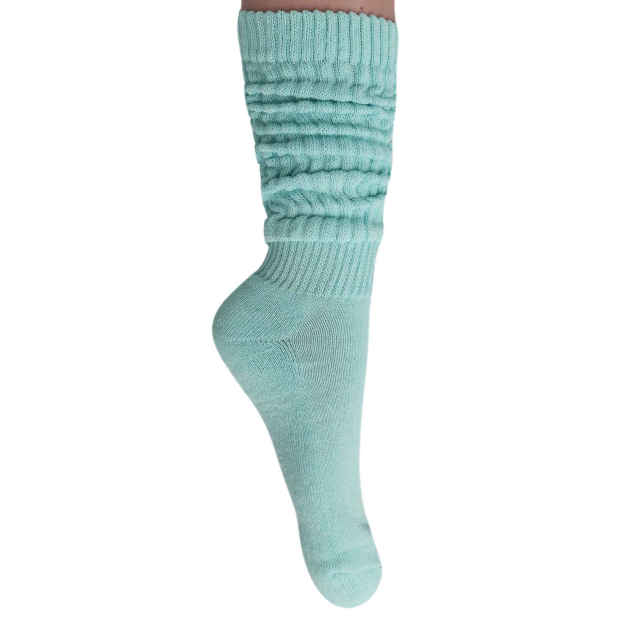 Women’s soft cotton slouchy scrunch sock in mint color, ideal for knee-high or scrunched styles, shoe size 5-10.
