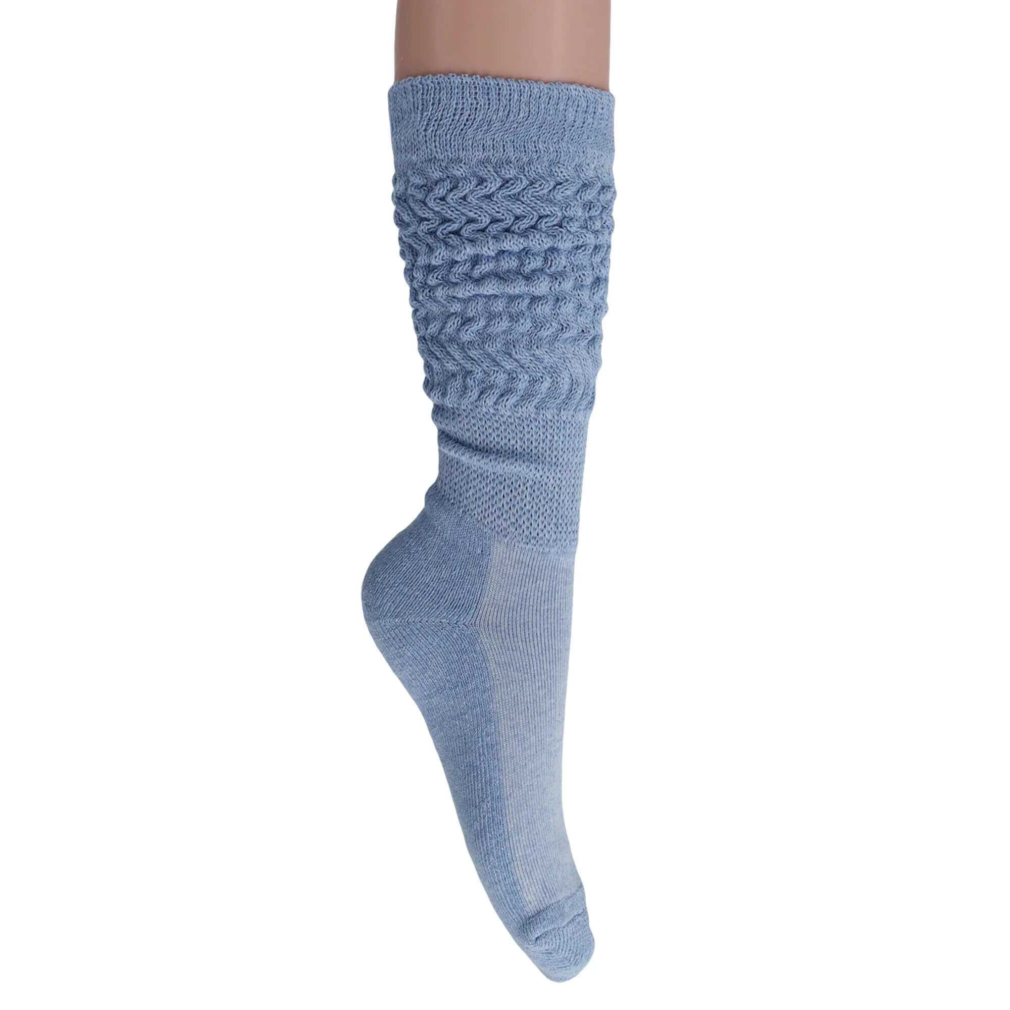 Women’s soft blue slouchy scrunch sock, knee-high style, made from premium cotton blend for comfort.