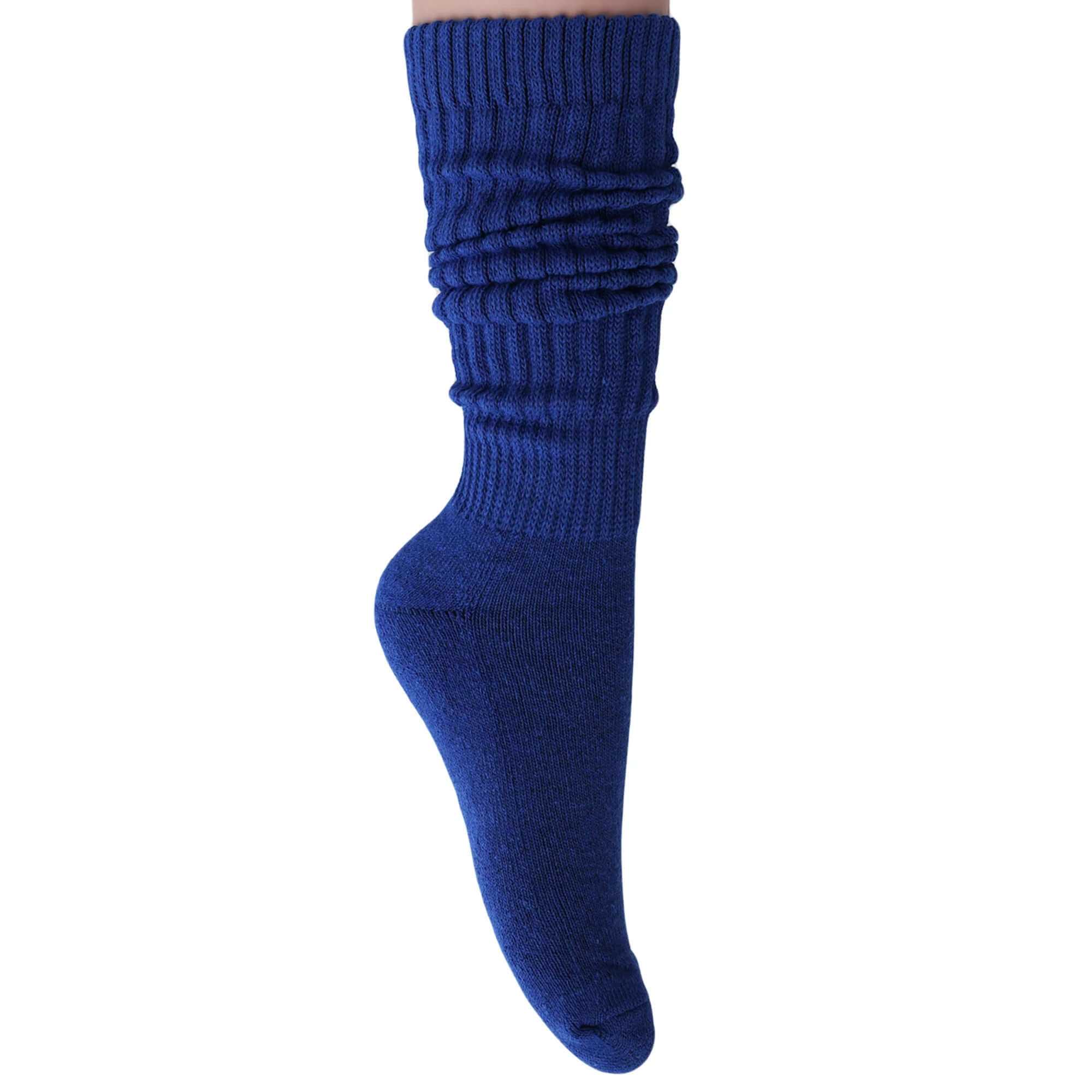 Blue slouchy scrunch sock for women, perfect for knee-high or crew styles, made from soft cotton blend.