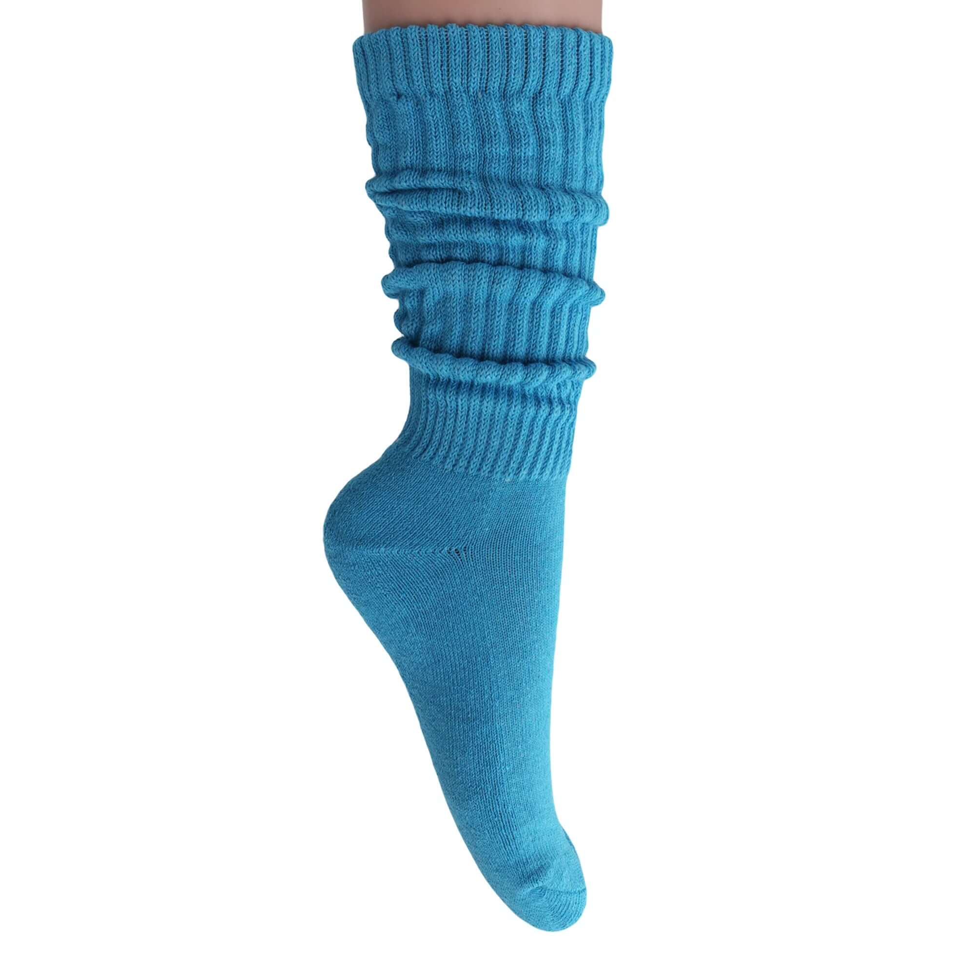 Women’s slouchy scrunch sock in vibrant blue, soft cotton blend, perfect for knee-high or crew styles.