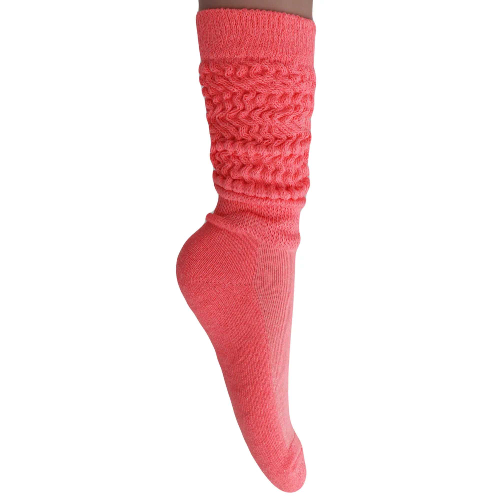 Women’s premium slouchy scrunch socks in coral, perfect for knee-high or crew style, soft cotton blend for comfort.