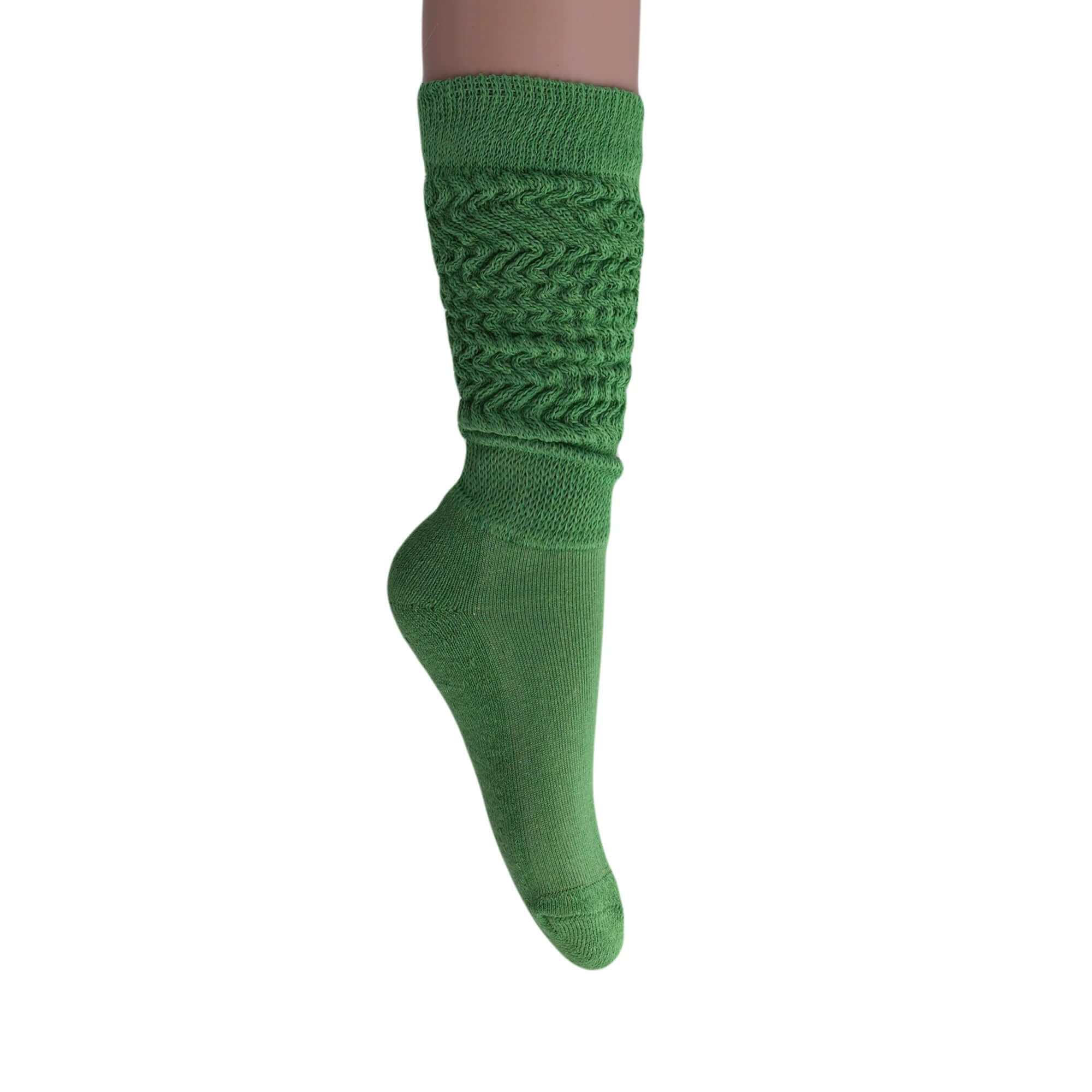 Women’s green slouchy scrunch sock showcasing a braided design, ideal for knee-high or crew styles.