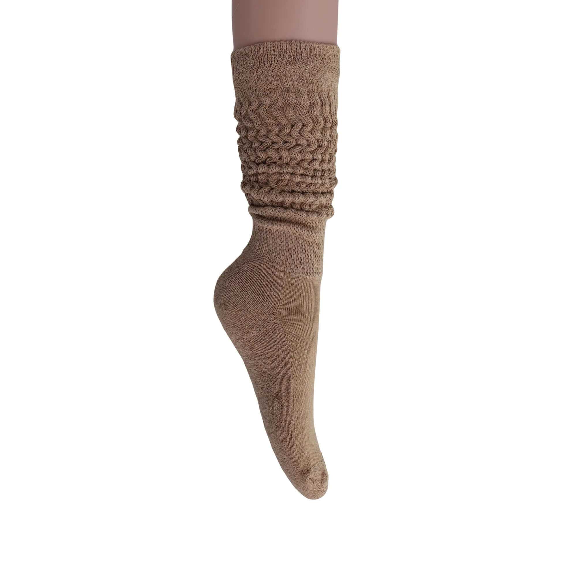 Tan women's slouchy scrunch sock made of soft cotton blend, ideal for knee-high or crew styles.