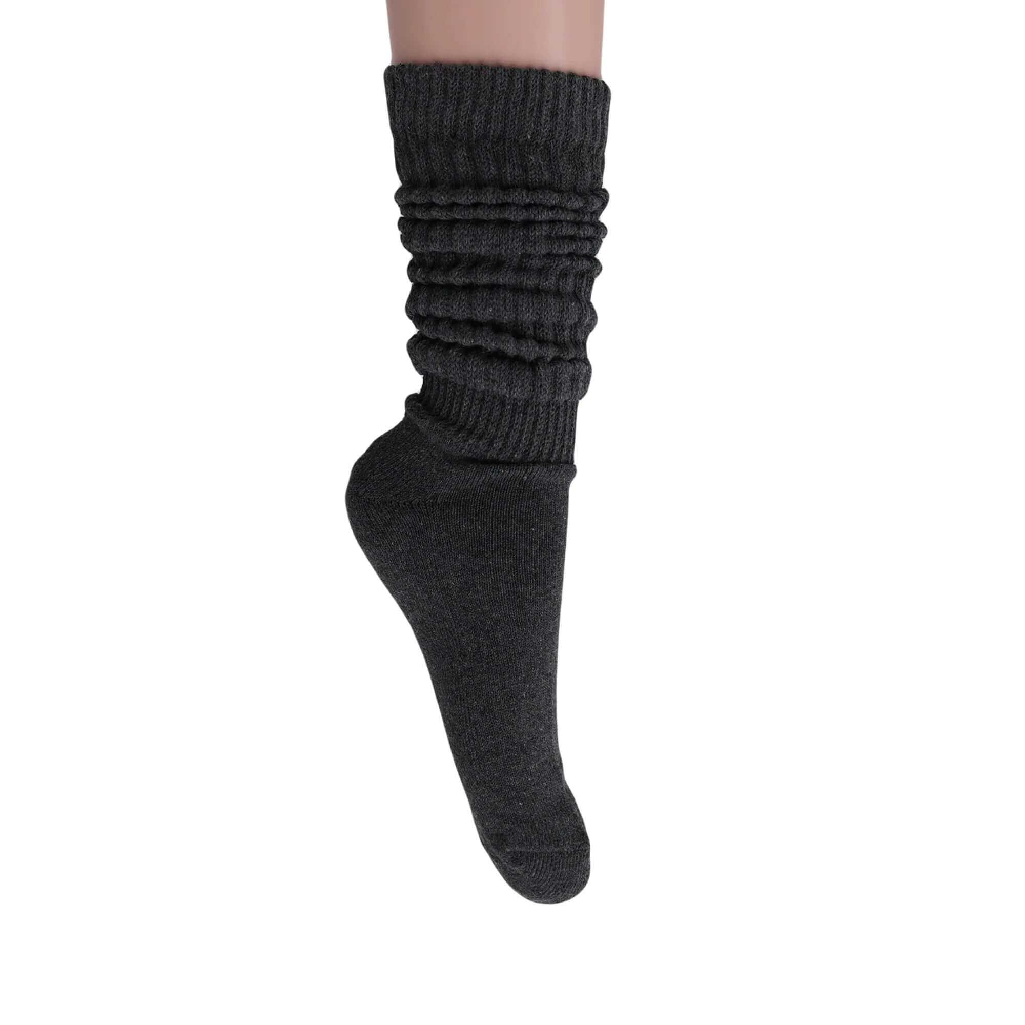 Women’s Premium Slouchy Scrunch Socks in dark grey, knee-high or crew style, made from a soft cotton blend.