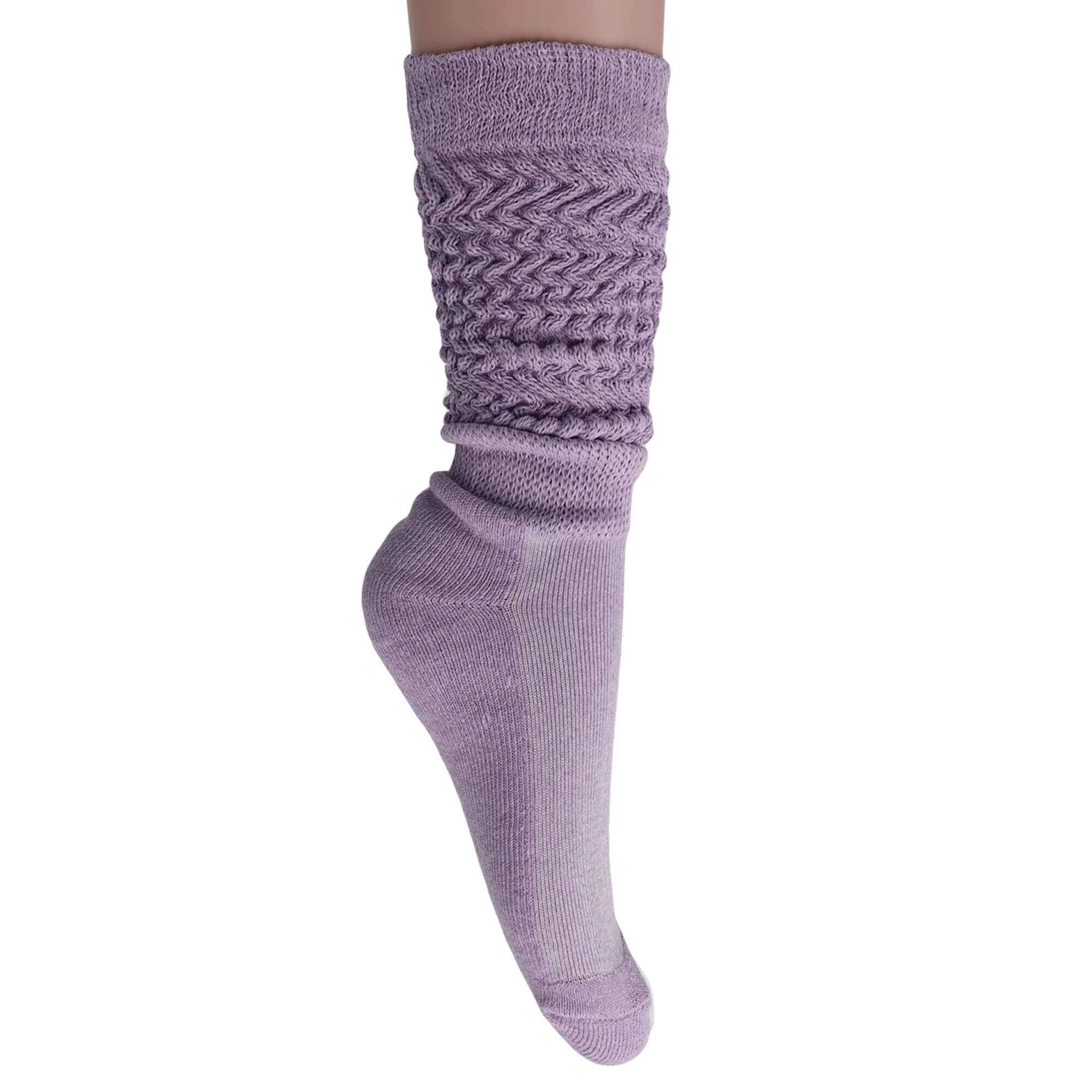 Lavender Women's slouchy scrunch socks in a knee-high style, showcasing a braided texture and soft cotton blend.