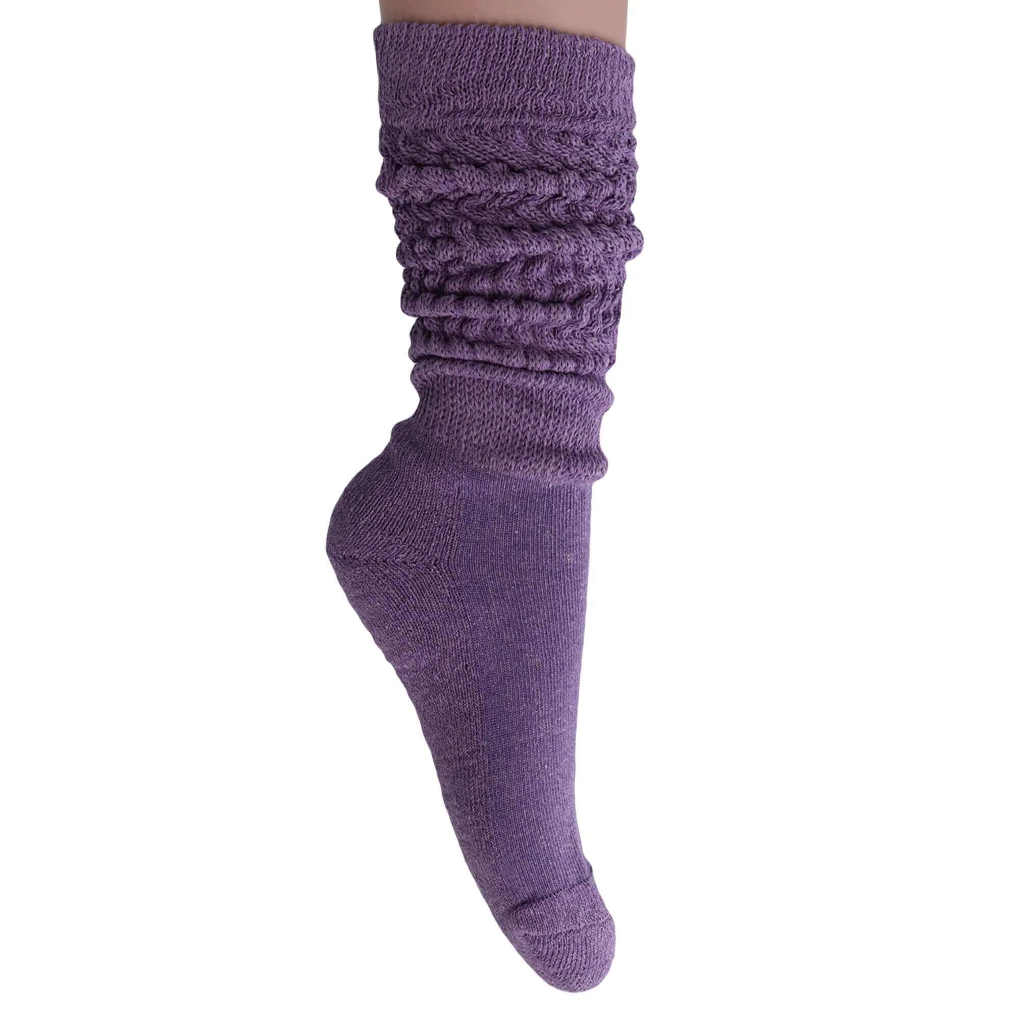 Women’s slouchy scrunch socks in purple, made from soft cotton blend, versatile for knee-high or crew wear.