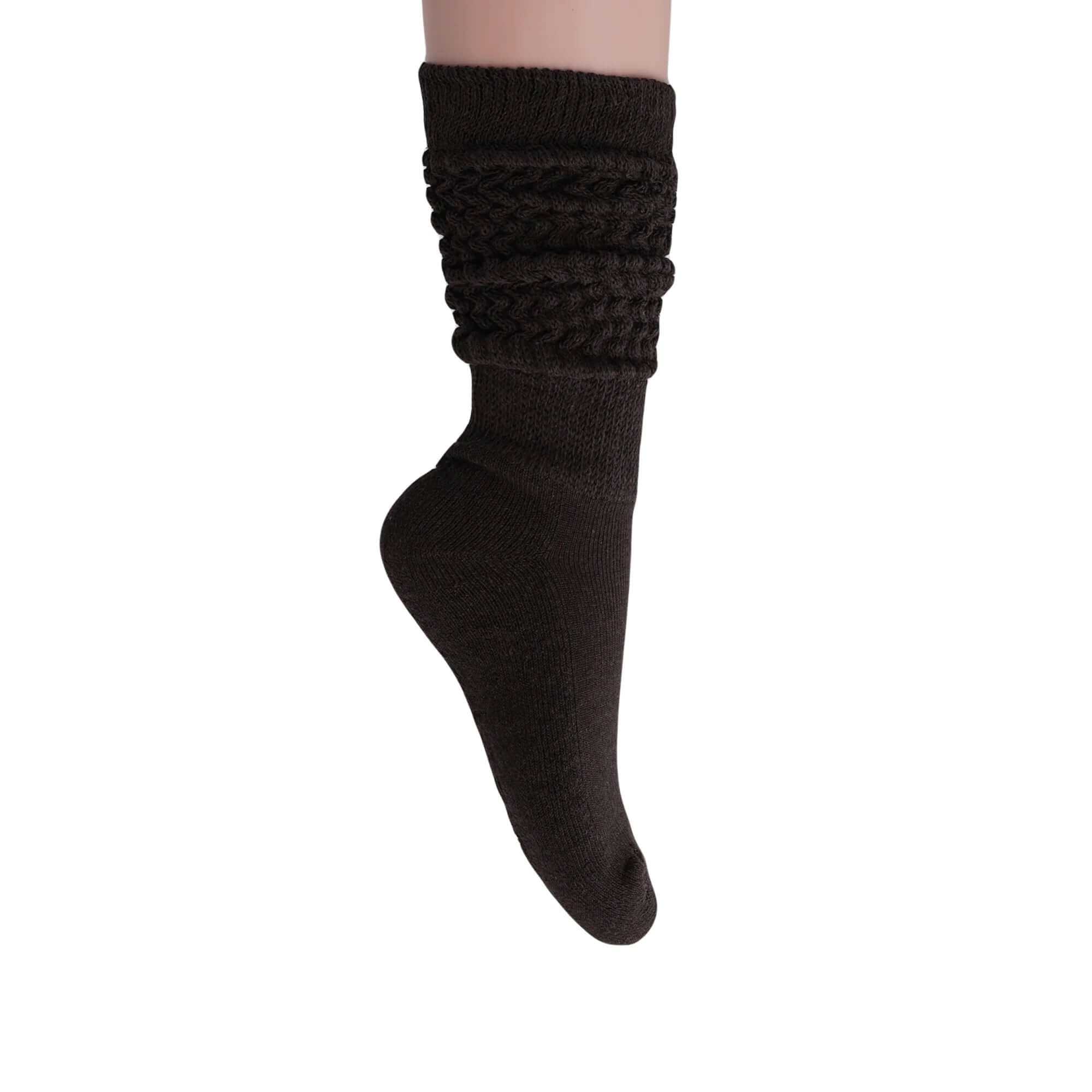 Women’s soft brown slouchy scrunch sock, knee-high style, perfect for retro-chic outfits and comfortable wear.