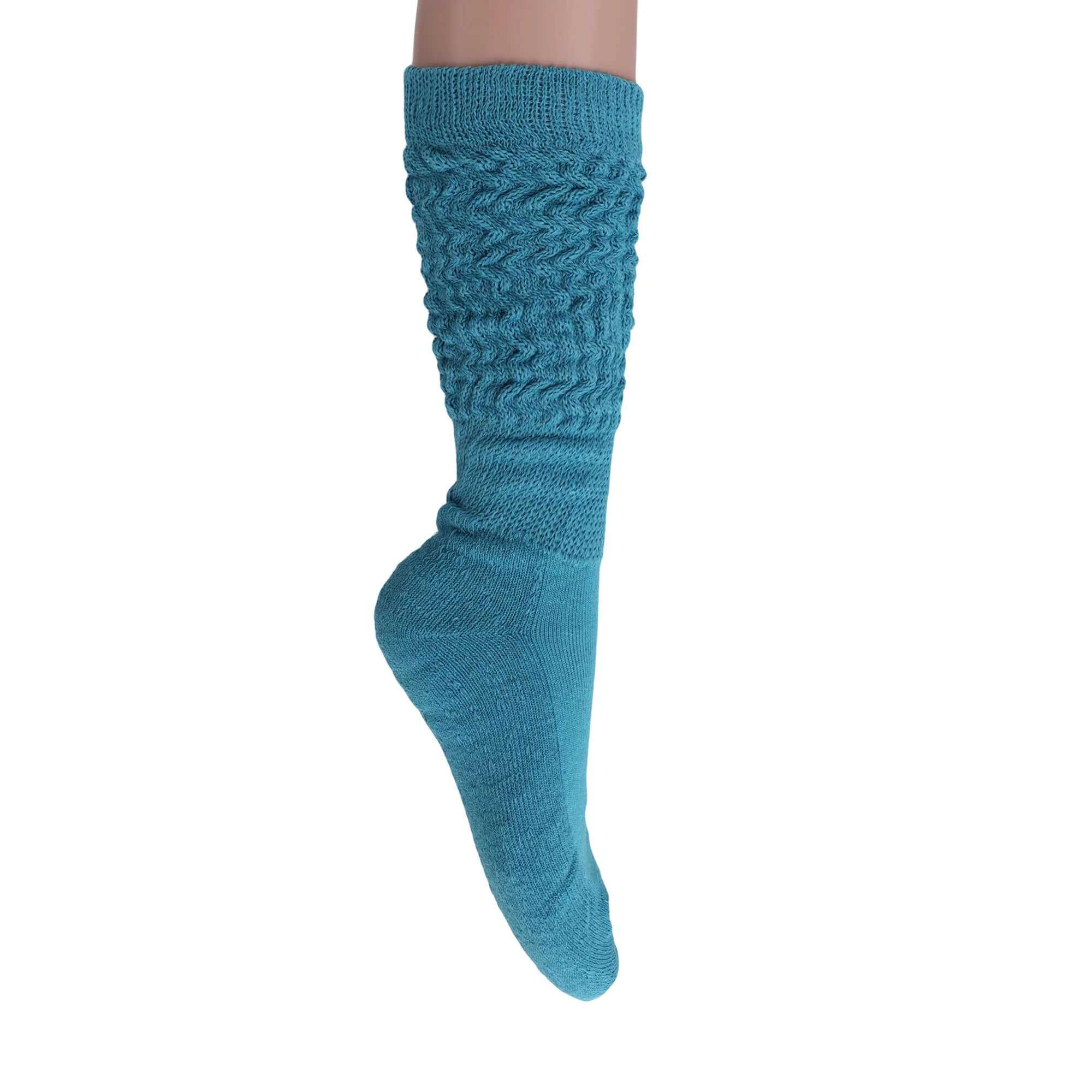 Women's premium slouchy scrunch socks in teal, showcasing a textured design and knee-high style for comfort and fashion.