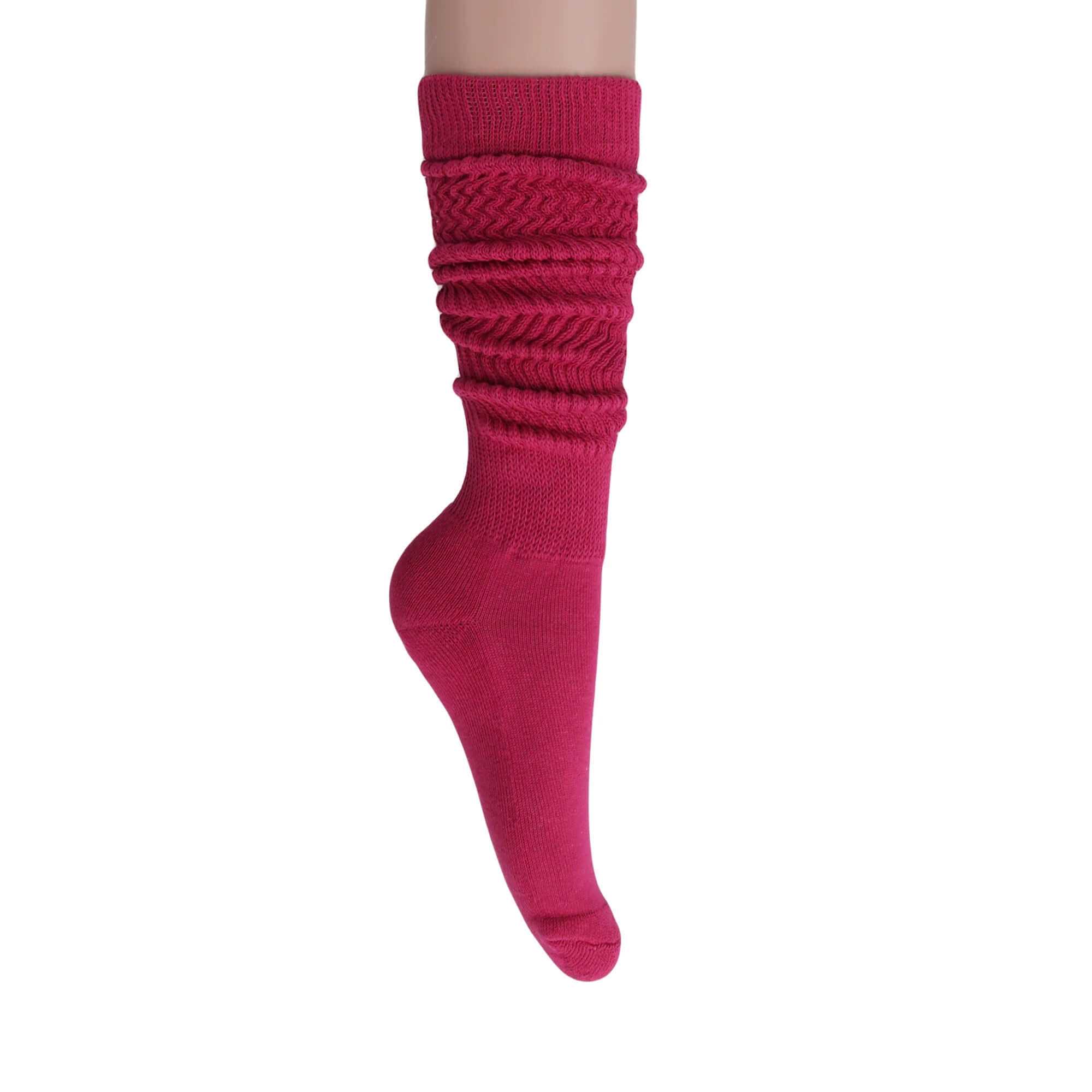 Women's premium slouchy scrunch sock in fuchsia, soft cotton blend, perfect for knee-high or crew styles.